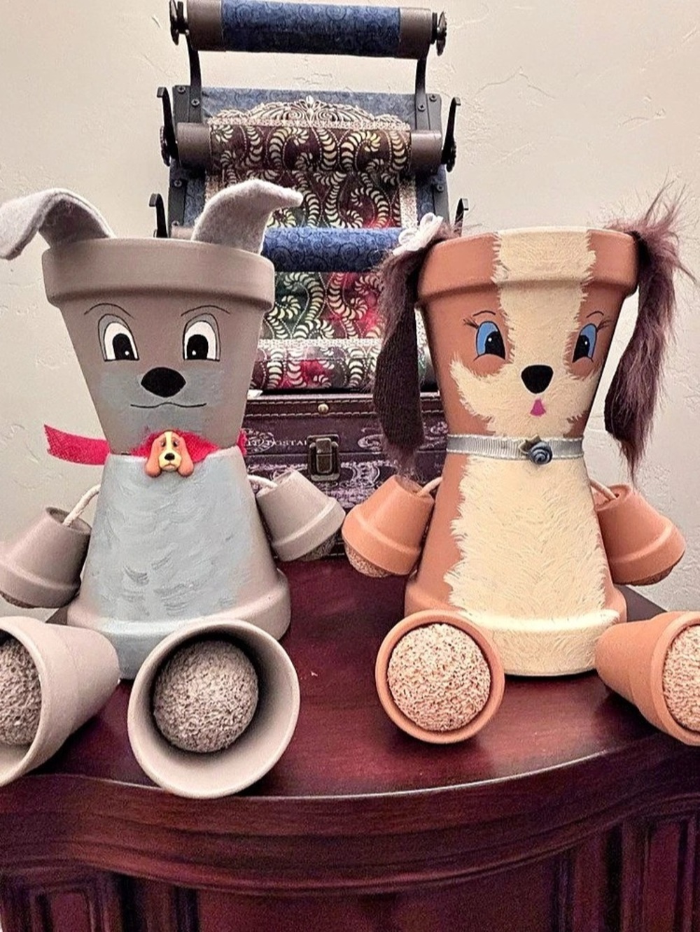 Custom Handmade Terracotta Clay Flower Pot Dog Sculpture Pair - Folk Art Garden
